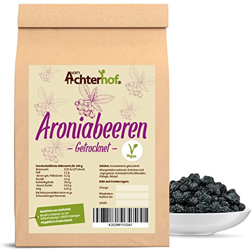Aroniabeeren getrocknet 250g | feinste getrocknete Aronia-Beeren | süß-säuerlich-herb | ideal als Topping für Müsli, Porridge oder als Zutat für Obstsalat oder Gewürzkuchen | vom Achterhof