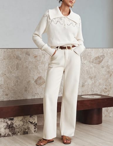 Yeokou Womens Sweaters Eyelet Collar Casual Long Sleeve Lightweight Knit Crochet Pullover Tops4