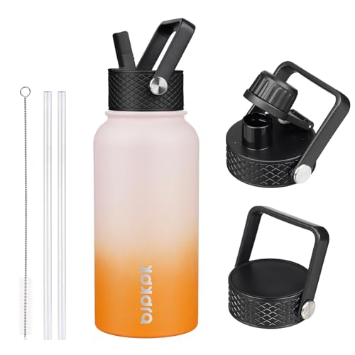 Image of BJPKPK Insulated Water Bottles with Straw Lid, 27oz Stainless Steel Water Bottle with 3 Lids, Leak Proof BPA Free Metal Thermo, Mugs, Tumblers, Keep Cold Hot - Coral