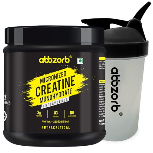 Image of ABBZORB Micronized Creatine Monohydrate - 250 Gram, 83 Serves, Unflavored, 3g of 100% Creatine Monohydrate Per Serve | Pre workout Supplement, Power & Strength, With Shaker