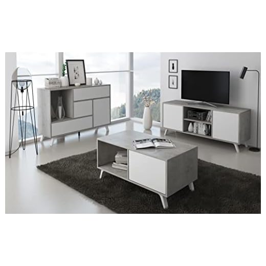Skraut Home | Muebles de Salón | Modelo Wind | Aparador, Mueble TV y Mesa de Centro | Estilo Nórdico | Diseño Moderno | Melamina | Color Gris y Blanco