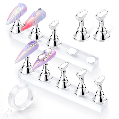 Image of Makartt Press On Nail Stand: Silver Nail Stand for Nails Art Display Practice Nail Holder for Painting Nails Stand for False Nail Press On Designs Magnetic Fake Nail Holder with 1M Double-sided Tape