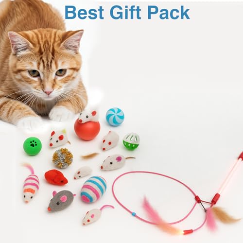 Image of 16 Pcs Cat Toy Set | Interactive Cat Play Kit with Bell Balls, Plush Mice, Teasing Wand, Knitted Balls & More | Indoor Kitten Toy for Active Play and Exercise