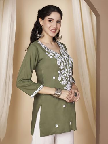 Image of Short Kurti for Women for Jeans, Chikankari Kurtis for Ladies, Lakhnavi V- Neck Women's Tunic Design Kurta, Floral Kurtas & Tunics for Woman
