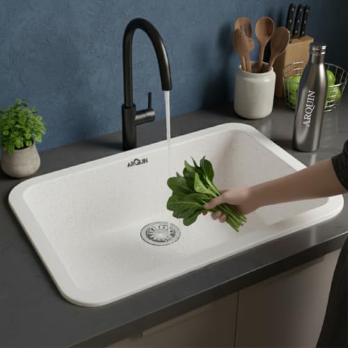 Image of ARQUIN Quartz Kitchen Sink 21x18x9 Inch Rosa Round Corner | Single Bowl Sink | Durable & Scratch-Resistant | Undermount /Topmount Including Coupling, Waste Pipe & Fruit Washing Basket
