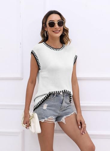 Image of Womens Cap Sleeve Sweater Vest Summer Tops Sleeveless Tank 2026 Trendy Spring Clothes Striped Short Sleeve Shirts