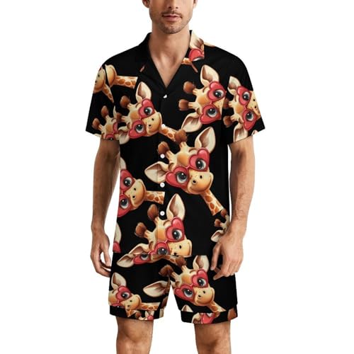 Funny Giraffe Mens Pajamas Set Short Sleeve Sleepwear Summer Pjs Sets 2 Piece Loungewear Nightwear