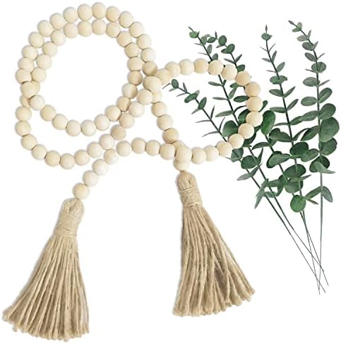 Farmhouse Beads 59in Wooden Bead Garland - 5 Pcs Artificial Eucalyptus Stem Grasses for Wedding Bouquet Home Decor - Wood Tassels Rustic Country Prayer Boho Beads for Christmas Holiday Decoration