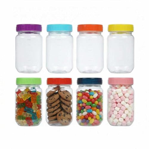 novelinks 8 Pack 16 oz Clear Plastic Mason Jars with Colorful Lids
