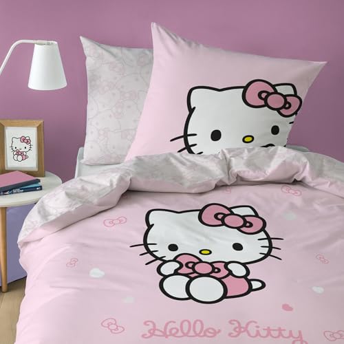 OMYDREAM Hello Kitty Cute Parure de Lit Enfant | 100% Coton | Oeko-TEX | Housse de Couette 140x200 cm + Taie d'oreiller 63x63 cm | Imprimé Réversible | Fille (Rose)