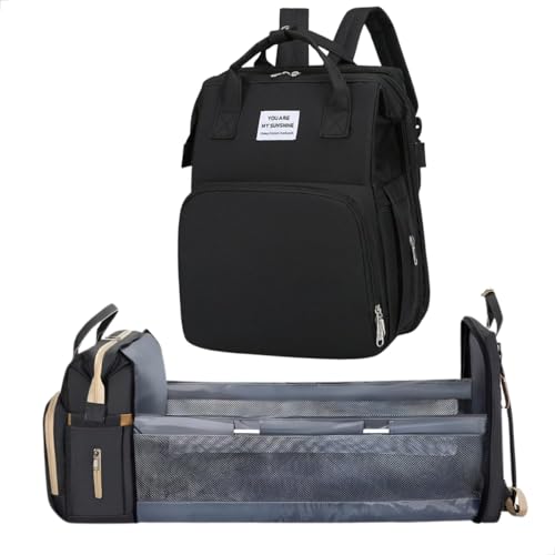 Mochila Maternidade Bebê Bolsa que Vira Berço, Troca Bebê, Porta Lenço, Fralda, Mamadeira Com Bolsos Térmicos, Prova D'água, Impermeavel, Alças Acolchoadas, Premium (PRETO)