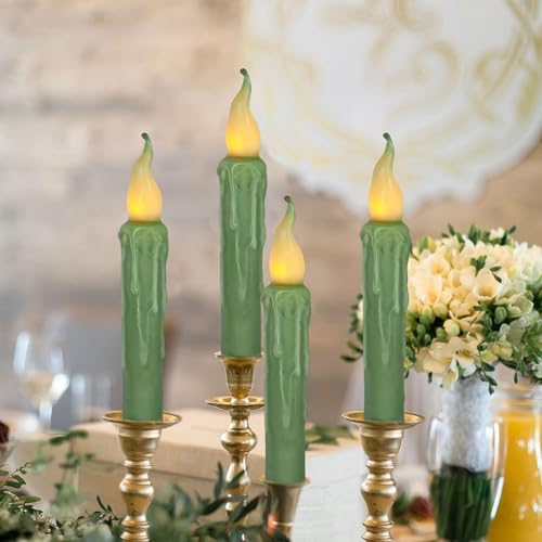 Image of Real Wax LED Flameless Short Taper Candles with Remote, 6.7 Inches Grass Green Candlesticks, Dripless Battery Operated Flame Rustic Primitive Flameless Spring Candles for Home, Pack of 4