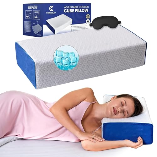 Cube Pillow for Side Sleepers Adjustable Height 45 Cooling Memory Foam Cervical Pillow for Neck & Shoulder Pain Relief Rectangular Pillow with Washable Ventilated Cover & Sleeping Mask