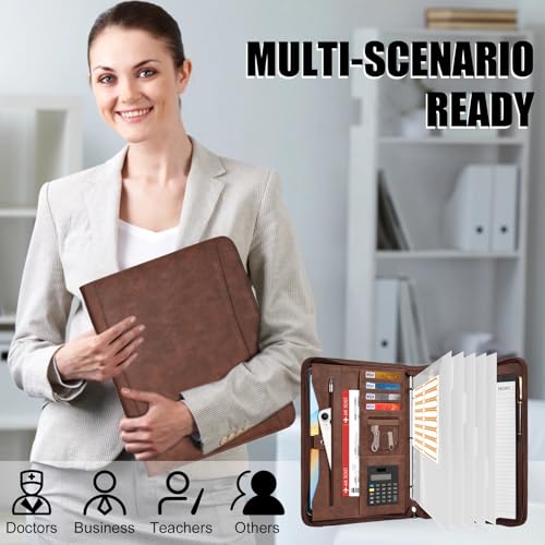 Image of Eshow Portfolio Organizer - 3 Ring Binder with Zipper, Vegan Leather Business Padfolio Folder with Notepad Includes 5 Clear Sheet Protectors for Documents Files for Men Women