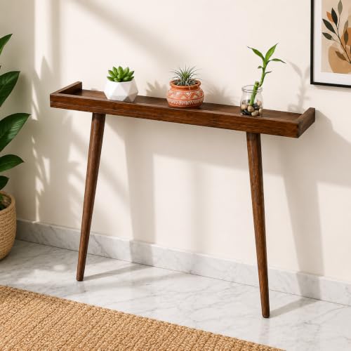 Image of 80 cm Solid Wood Console Table for Living Room | Modern Entryway & Hallway Table | Narrow Sofa Side Table for Home Decor | Wooden Foyer Entrance Table | 80 x 20 x 80 cm | Walnut Finish