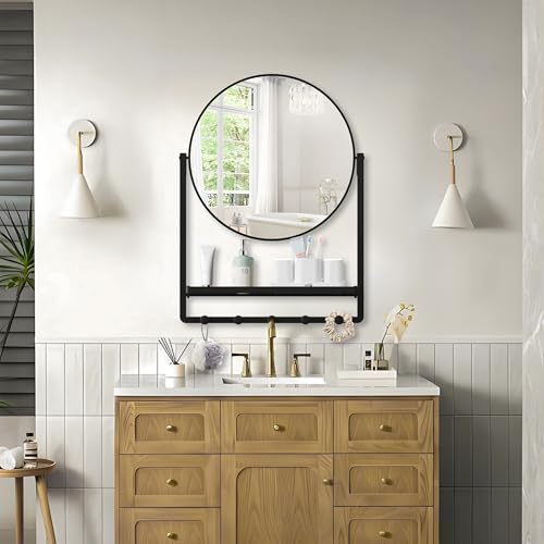 Miroir mural avec étagère rond noir 74 cm miroir entrée moderne