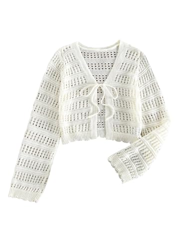 Floerns Girl's Hollow Out Cardigan Sweater Long Sleeve V Neck Knitted Tie Front Pullover Tops