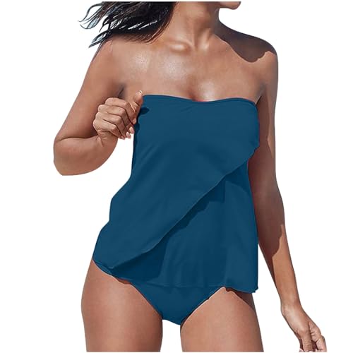 Swimsuits for Women with Shorts UK Sale Tummy Control Swimwear Two Piece Strapless Tankini Sets Solid Color Swim Tank Top & Shorts Ladies Bathing Suit Swimming Costumes