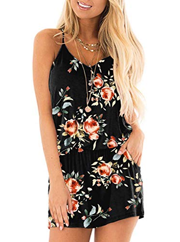 MISFAY Womens Summer Loose V Neck Spaghetti Strap Short Jumpsuit Rompers (M, Rose Black)