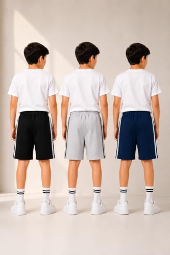 Image of LilBits Kids Cotton Blend Shorts Pack of 3 | Breathable Summer Casual Shorts for Boys & Girls with Drawstring Waist, Side Piping, Soft Fabric, Playwear & Outdoor Comfort