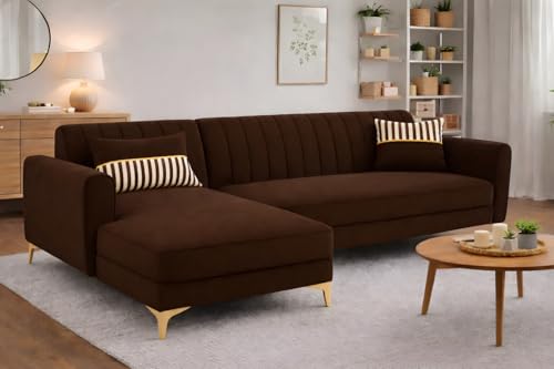 Image of Adorn India Premium Luster 6 Seater L Shape Sofa Set | Velvet Suede Fabric | 3-Year Warranty | LHS |Color Brown with Golden Legs & Striped Pattern Cushion