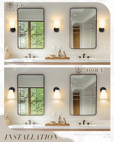 Image of Bathroom Wall Sconce Set of Two, HWH Wall Vanity Light with Frosted White Striped Shade, Industrial Wall Lamp Matte Black for Bathroom Doorway, 5HZG97B-2PK BK