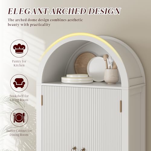 Image of FURSUN 71 inch Arched Storage Cabinet with Fluted Doors, Tall Wood Pantry Cabinet with Drawers & Adjustable Shelves, Modern Coffee Bar Cabinet, White
