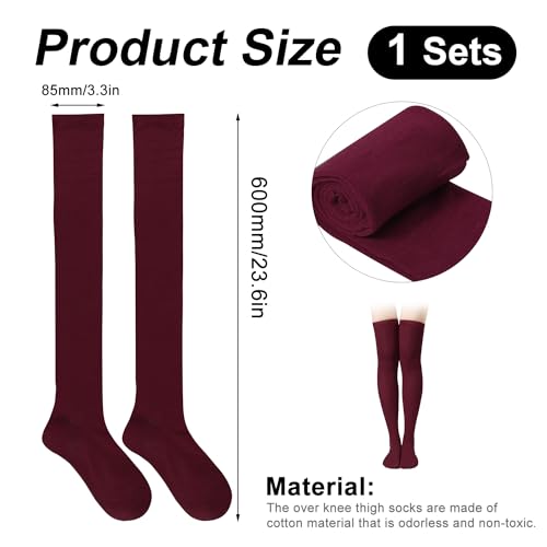 1 Pair Thigh High Socks, Cotton Soft Knee High Long Stockings Leg Warmers for Women Girls Christmas Cosplay (Burgundy)2