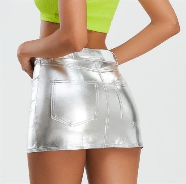 Miniatura 3 de Kisidoo Faldas metálicas brillantes Y2K de cintura baja brillante Rave Bodycon Mini faldas cargo con bolsillo