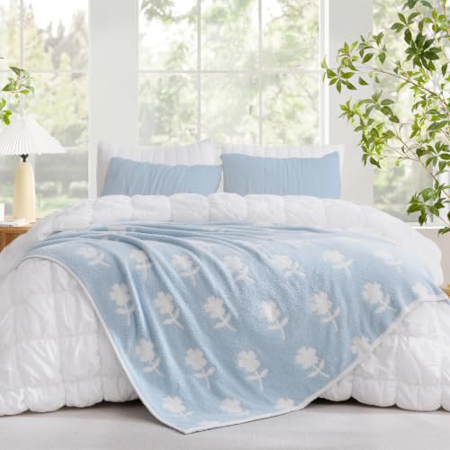 Snuggle Sac Twin Size Bedding Blanket, Blue Flower Throw Blanket for Couch, Microfiber Fluffy Warm Cozy Fuzzy Soft Reversible Blankets, Blue, 60x80 inches - image 1