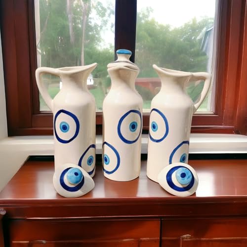 Image of MALAIKAH Ceramic Oil Dispenser Evil Eye Pack of 3 for Kitchen, Dining, Gifting, Home & Kitchen Decor