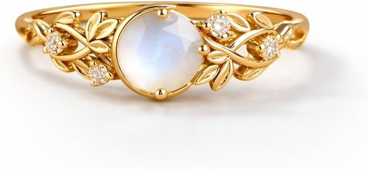Round Cut Moonstone Engagement Ring 10K Yellow Gold Nature Inspired Diamond Accent Ring Art Deco Vintage Style Handmade Promise Ring Unique Fine Jewelry Gift for Her