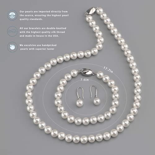 Aoovoo Pearl Necklace Set For Women Girls, 8Mm Round Shell Pearl Includes Stunning Bracelet And Dangle Earrings 3 Piece Jewelry, Birthday Valentines Day Gift For Mom Wife Sister Best Friend, Gift Box #TOP1