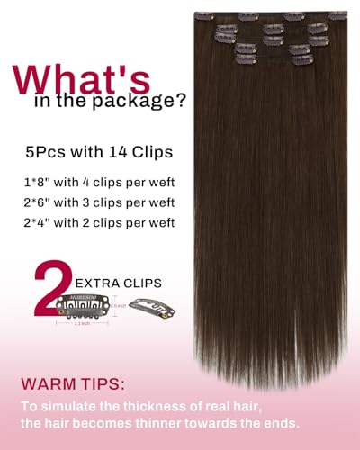 Image of Moresoo Clip in Hair Extensions Remy Double Weft Human Hair Clip in Extensions Straight Hair Extensions for Women Medium Brown #4 5pcs 80g 10inch