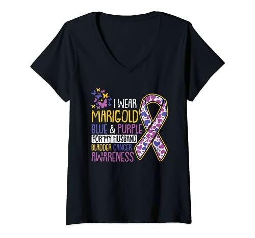Mujer For My Husband Bladder Cancer Awareness Ribbon Warrior Dad Camiseta Cuello V