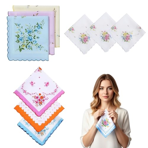 ZKFSIE 9 Pcs Ladies Handkerchief 100% Soft Cotton, Elegant Wedding Handkerchiefs for Women, Reusable Cotton Hankies with Delicate Design, Perfect for Daily Use and Special Occasions
