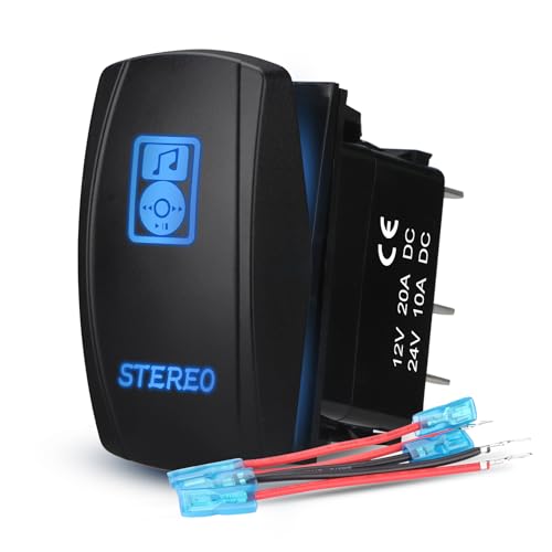 Weasch LED Stereo Rocker Switch, Laser On/Off SPST 5Pin Waterproof, 20A/12V 10A/24V, with Jumper Wires for Automotive Boat Marine Truck Jeep Music CD, Blue