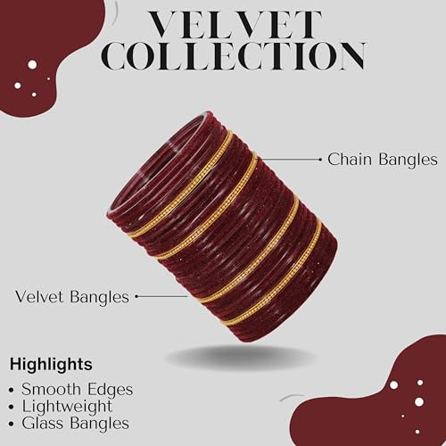 Image of NMII Glass Bangles For Women and Girls with Velvet and Golden Ballchain Linked | Plain Glass Bangles | Velvet Chudi Set | Bangles For Women | Stylish Glass Chudi Bangles- Set of 28