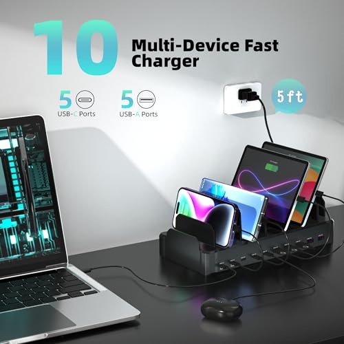 Image of 420W Charging Station for Multiple Devices, Zobirez 10-Port USB C Fast Charger Stations for MacBook, iPhone, Android Cell Phone, iPad, Tablet, Family Multi-Device Organizer Charging Dock, Black