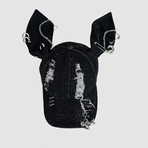 Image of Y2k Hat Punk Hats Denim Bunny Hat Chains Distressed Baseball Cap Kpop Outfits Y2k Grunge Hats for Women