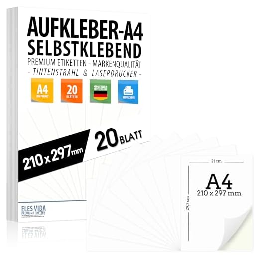 Selbstklebende DIN A4 Etiketten 20 Stück 210x297 mm, universell bedruckbar, matte weiße Oberfläche, kompatibel mit Inkjet- und Laserdruckern, Aufkleber für vielseitige Anwendungen - MADE IN GERMANY