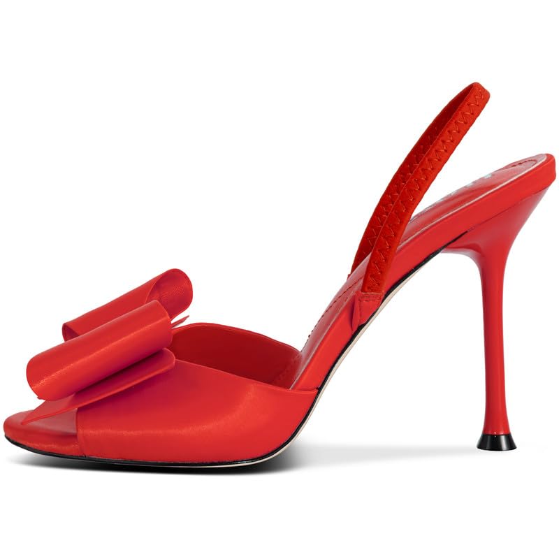 Image of Satin High Heels Slingback Open Toe Mules Sandals Bow Stiletto Sexy Heels Comfortable Wedding Party Shoes