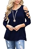 Bluetime Women's Casual Cold Shoulder Tops 3/4 Sleeve Criss Cross Tunic Blouse Shirt (Navy Blue, S)