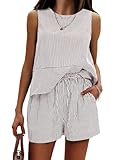 EXLURA Women's Summer 2 Piece Outfits Sleeveless Tank Top Matching Shorts Sets Cotton Striped Sweatsuits Vacation Beach 2025