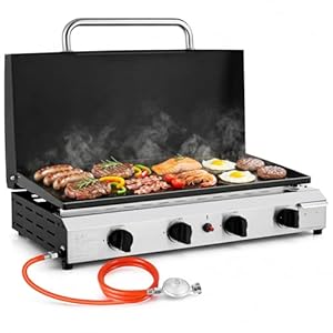 LIFERUN Tischgasgrill mit 4 Edelstahl-Brenner(9.6KW),groß Tischgrill mit Deckel(Grillfläche 74×35cm),Campinggrill Keramische Lackbeschichtung Grillplatte,Balkongrill für Familien,Gartenpartys,Feiern