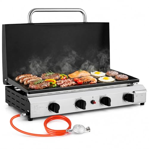 LIFERUN Tischgasgrill mit 4 Edelstahl-Brenner(9.6KW) groß Tischgrill mit Deckel(Grillfläche 74×35cm) Campinggrill Keramische Lackbeschichtung Grillplatte Balkongrill für Familien Gartenpartys Feiern