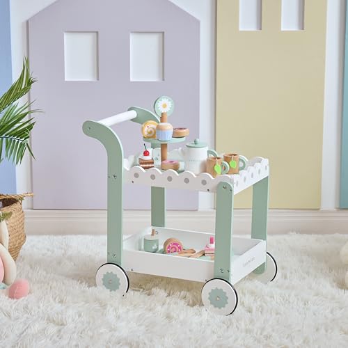 Teamson Kids Afternoon Sip Dessert Cart with 24 Pcs Tea & Dessert Set, White/Mint Green Pretend Play Toy Cart with Rolling Wheels for Toddlers & Girls, Encourages Imaginative Play, Ages 3 and Up