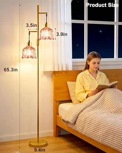 Image of 2-Light Modern Glass Floor Lamp, Gold Tall Standing Lamp with Deep Red Flower Glass Shade for Reading, Dimmable LED Floor Lamp with 5Lbs Heavy Base for Living Room Bedroom Home Decor, Bulb Included
