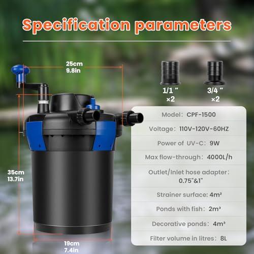 Anbull Bio Pressure Pond Filter, 1060GPH Pressurized Biological Pond Filter with 9watt Light, Pond Filter System with Convenient Cleaning Crank Handle for Fountain Pool, Koi Fish Aquarium Tank by Anbull - Image 6