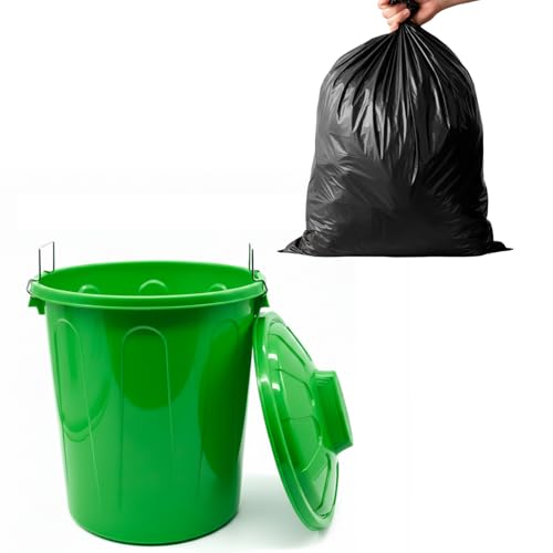 Cablepelado Cubo De Basura Con Tapa, Cubo Basura Industrial, Cubo Basura Plástico Con Asas Metálicas, Contenedor Residuos, 55 Cm Alto X 44 Cm Diámetro Superior, Capacidad 51 Litros, Verde